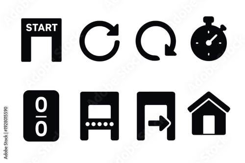 set of black silhouette start timer control and home icons in simple flat style