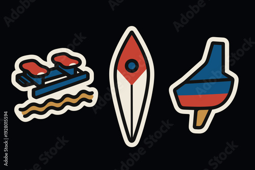 hand drawn water sports set with water ski kayak and windsurfing board in colorful flat style
