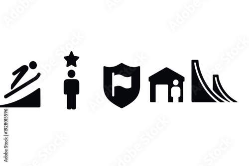 black silhouette ski jumping sport and award achievement icons set