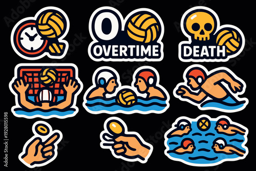 water polo sport icons set with players ball and game elements hand drawn style