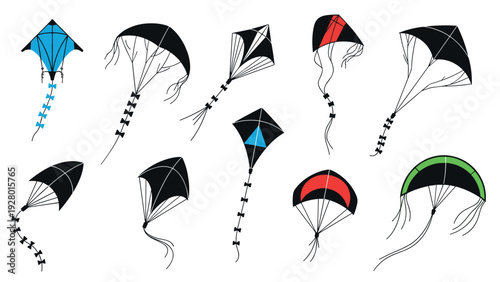collection of colorful hand drawn kites in various shapes and styles with tails for outdoor flying