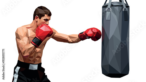 boxer training with punching bag low poly geometric style fitness illustration