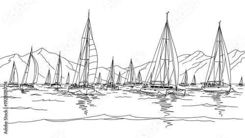 sailboats on water with mountain background hand drawn line art illustration