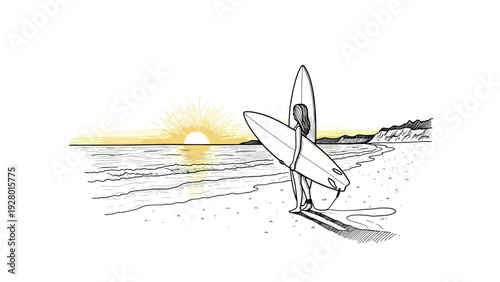woman holding surfboards on beach looking at sunrise hand drawn line art illustration