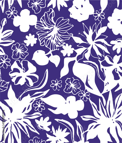 botanic seamless pattern with exotic flowers and leaves, hand drawn background. floral pattern. Tile with tropical leaf