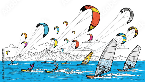 kitesurfers and windsurfers in action with colorful kites hand drawn illustration on ocean waves with mountain background