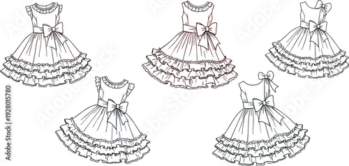 Black and white line art illustration set of elegant tiered ruffled girls summer dresses with large bows for fashion design sketches