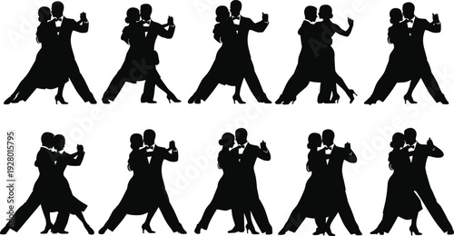 Ballroom dance couple silhouette set, tango dancers vector collection, elegant partner dancing poses, romantic waltz illustration isolated performance design bundle