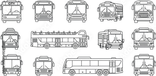 city bus front view line art vector illustration public transport vehicle outline icon set urban transportation collection design pack