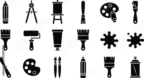 Art supplies silhouette collection with paint brushes, palette, roller and drawing tools vector illustration isolated on white background