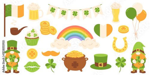 St. Patrick vector set with leprechaun, rainbow, clover, beer, coins and flag. Cute Irish holiday elements for celebration, party, greeting, print, scrapbooking, festive design. Isolated. Hand drawn.