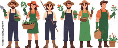 Diverse group of happy gardeners in overalls and hats holding plants flowers and tools for organic farming and home gardening concept