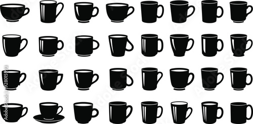 Coffee cup silhouette set, mug and teacup icons collection, hot drink vector illustration, cafe beverage shapes isolated design bundle