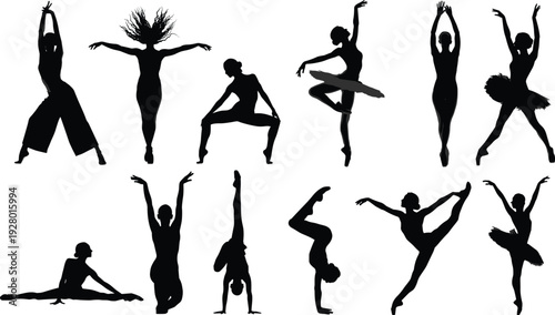Dance silhouettes collection with female ballet and contemporary dancers in dynamic poses vector illustration isolated on white background