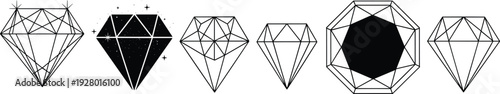 Geometric diamond line art set, luxury crystal icons, minimalist vector gemstones, abstract polygon shapes, black outline jewelry illustration collection design