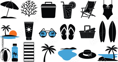 Summer beach silhouettes collection with vacation accessories, tropical elements and seaside objects vector illustration isolated on white background