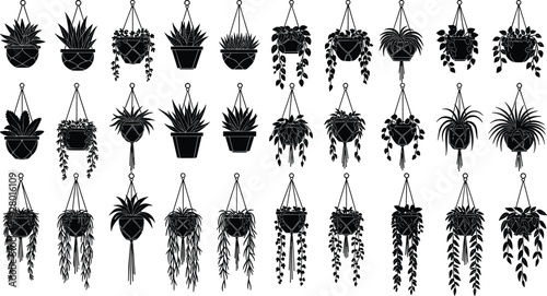 Hanging houseplant silhouettes collection, indoor potted plants icons set, botanical home decor vector illustration black and white isolated design bundle