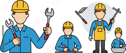 Professional construction worker and maintenance technician character set with safety helmet, tools, adjustable wrench, architectural drafting, and industrial repair service vector illustrations.