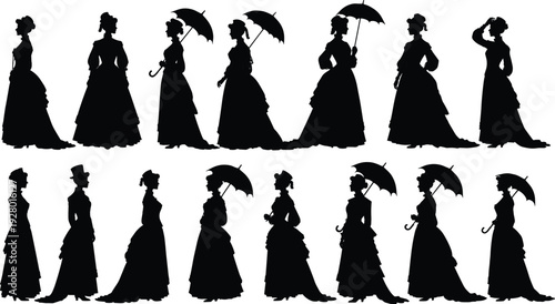 Victorian women silhouettes collection with elegant ladies in vintage dresses and umbrellas vector illustration isolated on white background