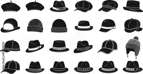 Hat silhouette set, fashion headwear icons collection, cap beanie fedora beret styles, stylish clothing accessory vector illustration isolated design bundle