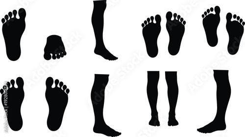 Human feet and legs silhouettes collection, anatomical study icons, walking standing poses, medical design pattern, black vector illustration, cad drawing flat vector illustration