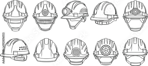 Industrial safety helmet line art collection, construction hard hat icons set, engineering protective gear black outline vector illustration isolated design