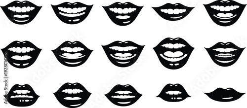 Lips and mouth silhouettes collection, female smile expressions icons, beauty fashion makeup elements black and white vector illustration isolated set