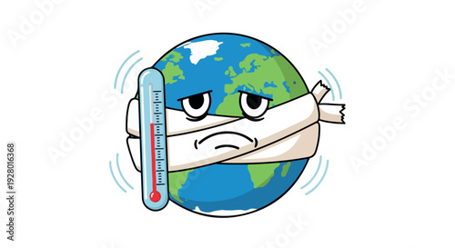 Cartoon illustration of a sick Earth with a bandaged head and thermometer showing high temperature on a white background with a worried expression.