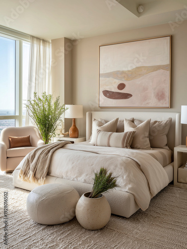 Neutral Bedroom with Oversized Bed and Large Scale Art by Window