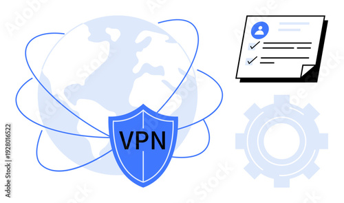 VPN shield with connected globe, checklist for secure user authentication, gear icon representing system optimization. Ideal for privacy, security, technology, internet, encryption, data protection