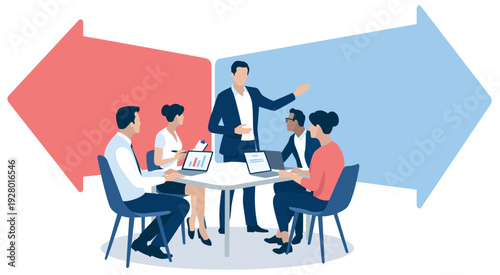 Direction. Business strategy. Leader and the team is discussing strategy. Vector illustration
