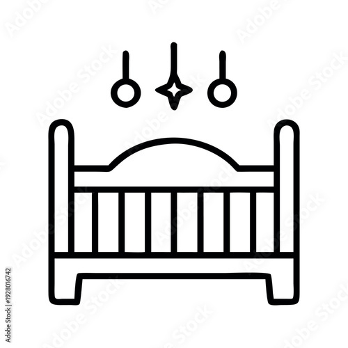 Empty Baby Crib with Hanging Mobile Toys - Nursery, Infancy, and Child Care Outline Illustration