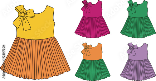 Set of colorful kids pleated sundresses with large shoulder bows including yellow pink green orange and purple girls fashion vector illustration.