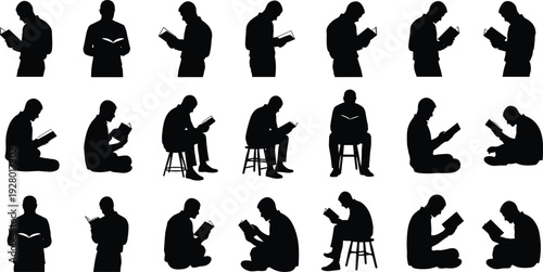 Reading, people, silhouettes, book, study, education, isolated, black, figures, collection, readers, learning, library, knowledge, pose, set, illustration, minimal, design, concept