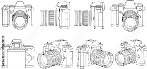 DSLR camera outline vector set, multiple angles photography equipment illustration showing front side perspective views, professional digital camera line drawing collection