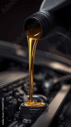 Motor Oil Pour: A close-up shot of motor oil pouring smoothly into a car engine, highlighting the essential care and maintenance. The sleek, dark machinery contrasts beautifully with the glistening.