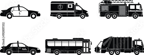 Emergency and public service vehicles silhouette set, police ambulance fire truck taxi bus garbage truck transport icon vector collection design