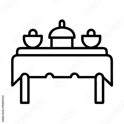 Elegant Outline Icon of a Dining Table Set with Food Dishes and Bowls, Symbolizing Meals and Hospitality on White Background