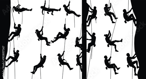 Rock climbing and rope access worker silhouettes collection, industrial climber safety activity icons, extreme sport rappelling vector illustration isolated set