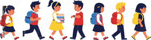 Diverse group of cute school children walking and running with backpacks and books for elementary education back to school vector illustration.