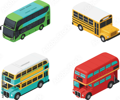 Double decker and school bus vector set, modern coach transport illustration, city travel public vehicle colorful isolated design collection