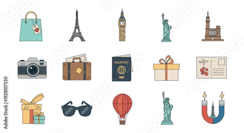 Collection of Illustrated Travel Icons and Symbols on White Background.