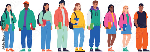 Diverse multicultural group of happy university students standing together with backpacks and notebooks for back to school education and campus life