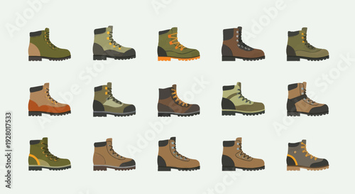 Collection of various rugged outdoor boots for hiking work and adventure in earthy tones.