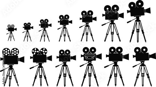 Vintage film camera silhouette set, retro movie projector icons collection, cinema video equipment vector illustration isolated filmmaking production design bundle