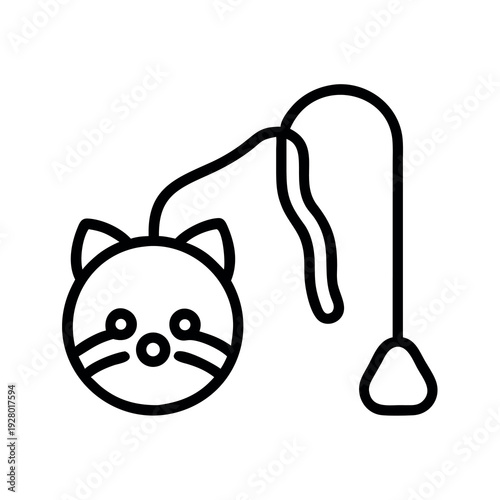 Cat Teaser Toy Icon: Outline Illustration of a Playful Pet Wand with Cat Face for Domestic Animal Play and Fun