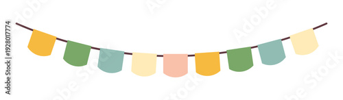 Bright festive bunting with multicolor flags. Flat vector design element for party background, kids celebration and carnival decoration.