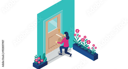 woman delivering a package to a house door with flowers in isometric style