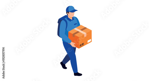 courier delivery man holding package box walking carrying backpack in colorful flat style