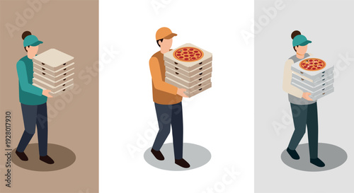 three people carrying stacks of pizza boxes in flat isometric hand drawn style for food delivery concept